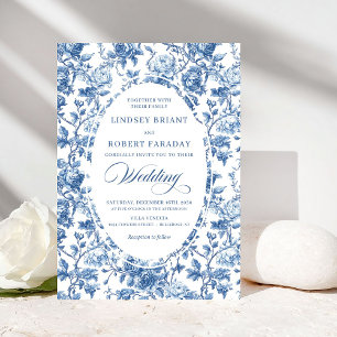 Elegant Navy Toile de Jouy Rosa Blommig Bröllop Inbjudningar
