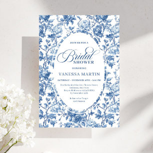 Elegant Navy Toile de Jouy Rosa Bröllopsdusch Inbjudningar