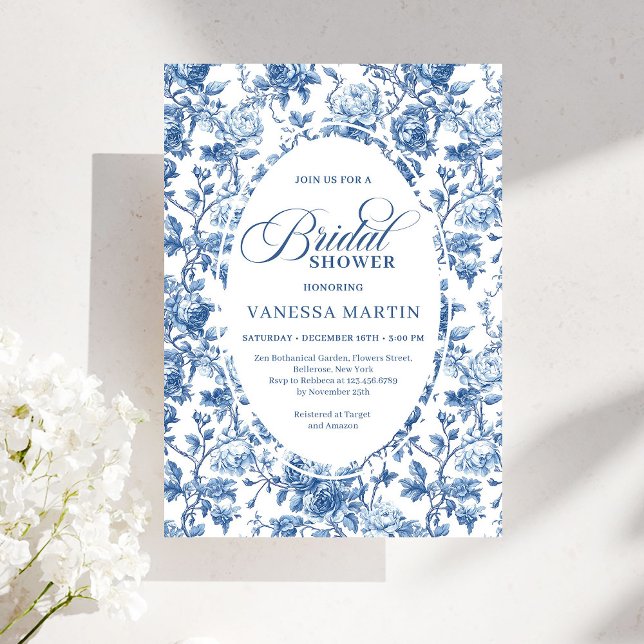 Elegant Navy Toile de Jouy Rosa Bröllopsdusch Inbjudningar (Chic Elegant Navy Toile de Jouy Rose Bridal Shower Invitation)