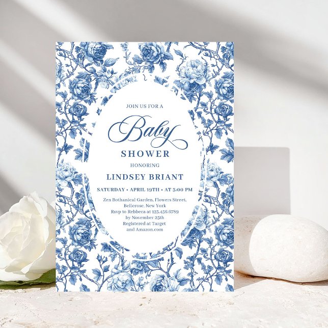Elegant Navy Toile de Jouy Rose Baby Shower Invite Inbjudningar (Elegant Navy Toile de Jouy Rose Baby Shower Invitation)