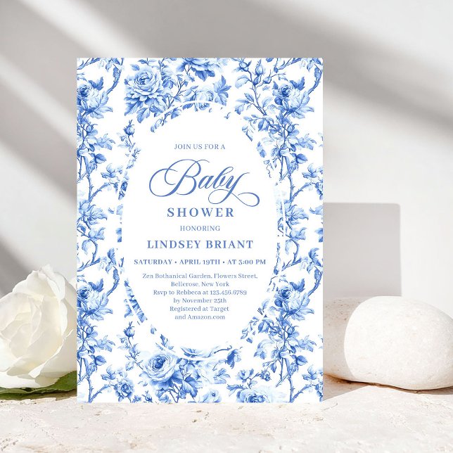 Elegant Navy Toile de Jouy Rose Baby Shower Invite Inbjudningar (Luxury Navy Blue Toile Rose Baby Shower Invitation)