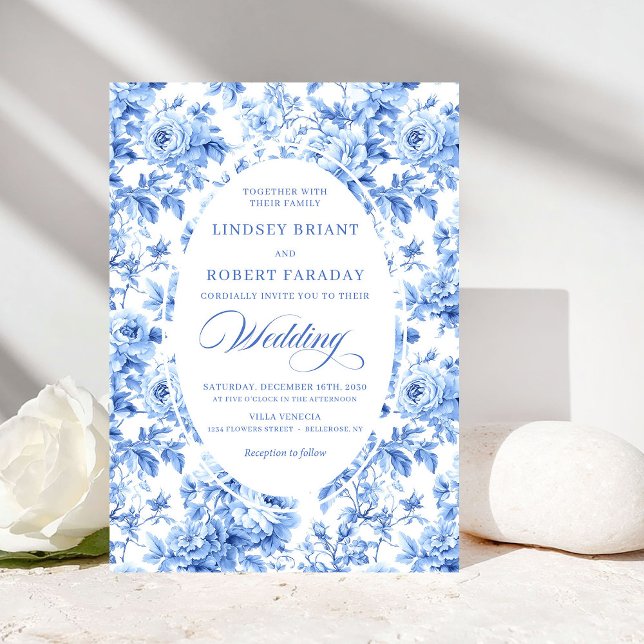 Elegant Navy Toile Rose Bröllopsinbjudan Inbjudningar (Elegant Navy Toile Rose Wedding Invitation)