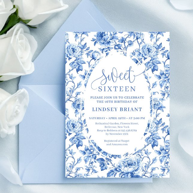 Elegant navy toile roses digital birthday invite  inbjudningar (Elegant navy toile roses digital birthday invite sweet sixteen

)