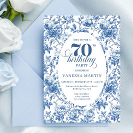 Elegant navy toile roses seventieth birthday party inbjudningar