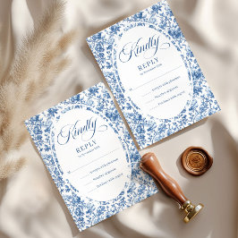 Elegant Navy Toile Roses Wedding RSVP Card OSA Kort
