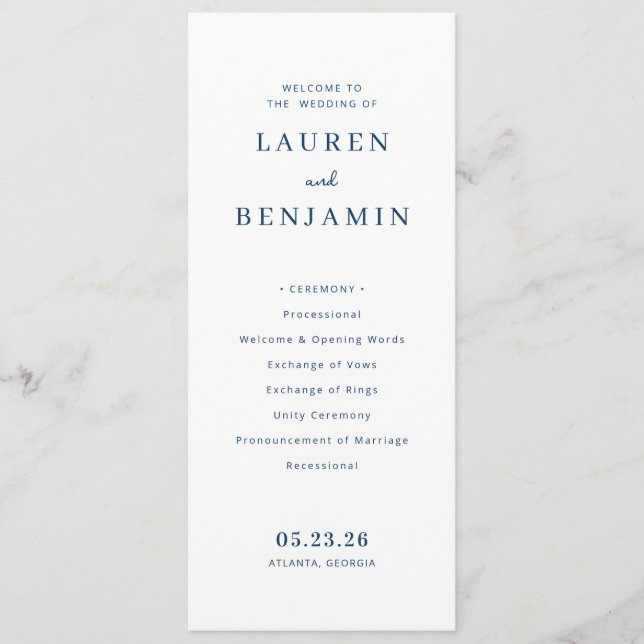 Elegant Navy Typografisk Bröllopsceremoni Program (Framsida)