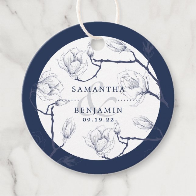 Elegant Navy & Vit Blommig Bröllop Tack Gåvor Etiketter (Framsida)
