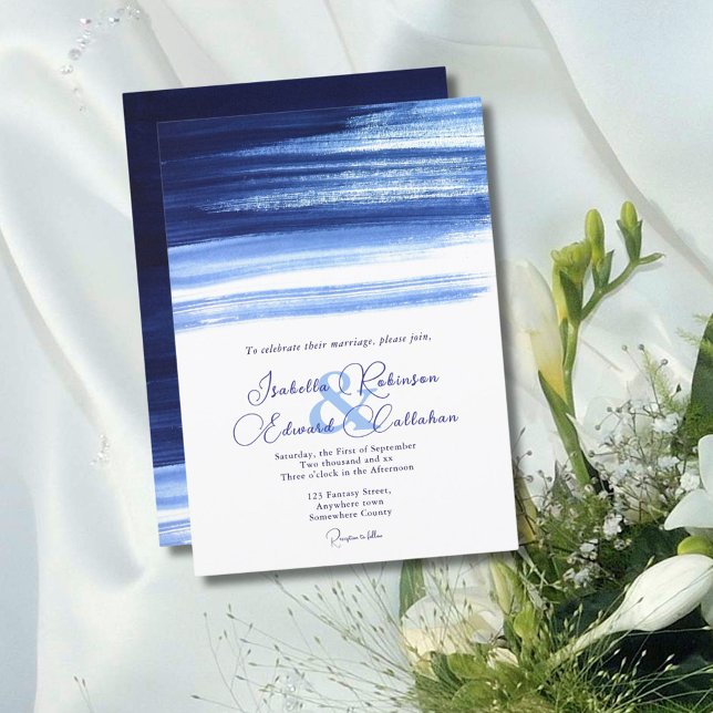 Elegant Navy & Vit Färg Penseldrag Bröllop Inbjudningar (Skapare uppladdad)