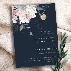 Elegant Navy Watercolor Blommigt Bröllop Inbjudningar