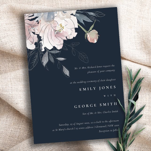 Elegant Navy  Watercolor Blommigt Bröllop Inbjudningar (Skapare uppladdad)