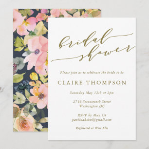 Elegant Navy Watercolor Blommigt Guld Möhippa Inbjudningar