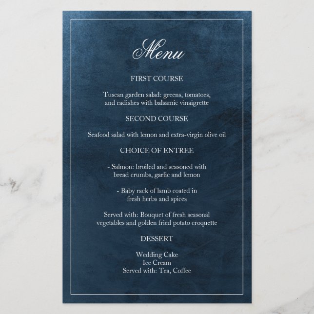 Elegant Navy Watercolor Monogram Bröllop Menu (Framsida)