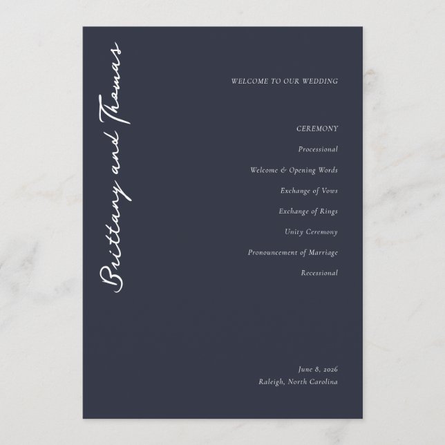 Elegant Navy Wedding Ceremony Program (Framsida)