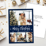Elegant Navy White 4 Photo Collage jul Julkort<br><div class="desc">Elegant, Modern Navy och White 4 Photo Collage God jul Script Helgdag Card. Den här sjutna, visuella, minimalistiska, (4) fyra fotokortsmallar har en söt fotokollage, en snöflake och säger God jul! Texten "God jul" hälsning är skriven med ett vackert, vitt färg-handskrivet typsnitt på marinblå färg. På motsatt sida med hälsning-textmallen...</div>