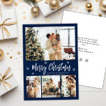 Elegant Navy White 4 Photo Collage jul Julkort<br><div class="desc">Elegant, Modern Navy och White 4 Photo Collage God jul Script Helgdag Card. Den här sjutna, visuella, minimalistiska, (4) fyra fotokortsmallar har en söt fotokollage, en snöflake och säger God jul! Texten "God jul" hälsning är skriven med ett vackert, vitt färg-handskrivet typsnitt på marinblå färg. På motsatt sida med hälsning-textmallen...</div>