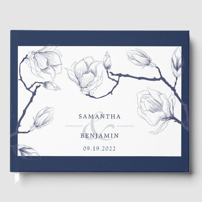Elegant Navy & White Blommigt Photo Bröllop Gästböcker (Framsida)