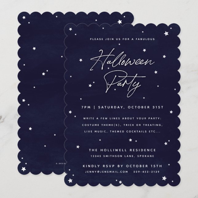 Elegant Navy + White Magic Stars Halloween fest Inbjudningar (Fram/baksida)