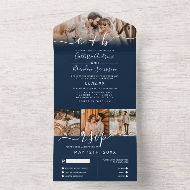 Elegant Navy White Photo Monogram Bröllop OSA (Insida)