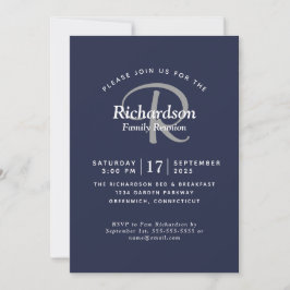 Elegant Navy White Silver Monogram Family Reunion Inbjudningar