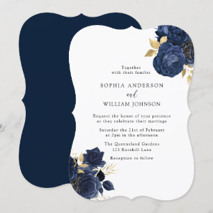 Elegant Navy & White Simple Modern Blommigt Bröllo Inbjudningar