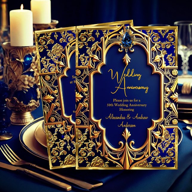 Elegant Navyblå Ädelsten Guld 50-årsjubileum Inbjudningar (Skapare uppladdad)