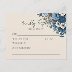 Elegant Navyblå Blommig Bröllops-RSVP   Svar Vykort