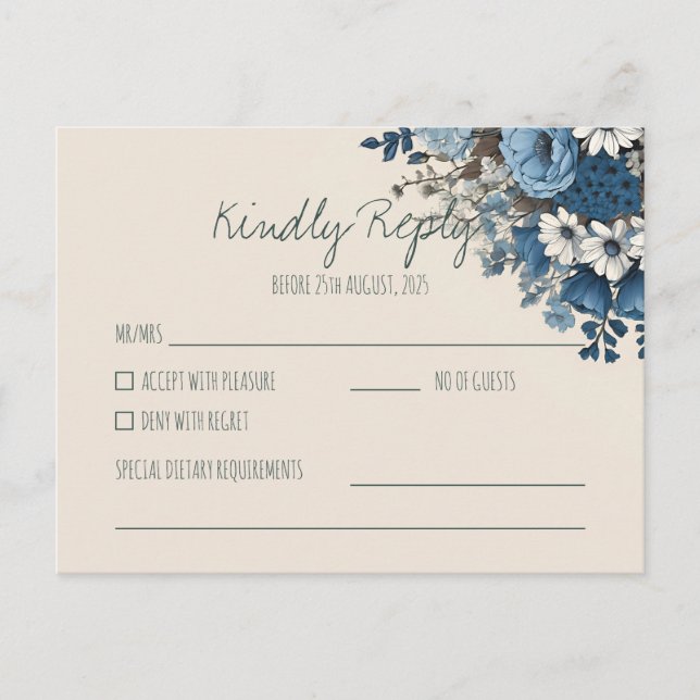 Elegant Navyblå Blommig Bröllops-RSVP | Svar Vykort (Framsida)