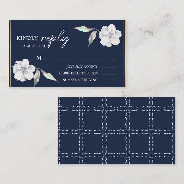 Elegant Navyblå Blommig Bröllops-RSVP  Tilläggskort (Fram/baksida)