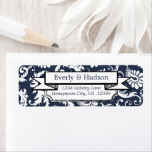 Elegant Navyblå Blommig Damask Returadress