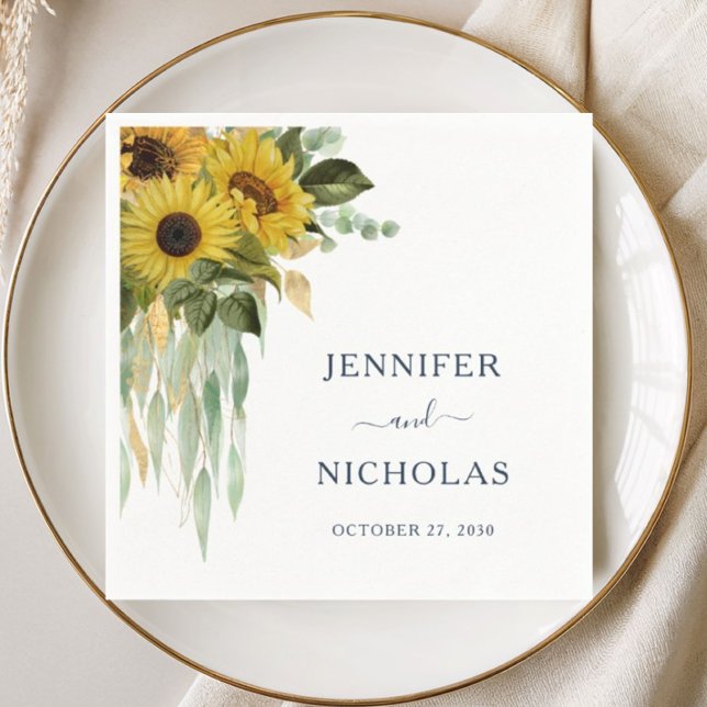 Elegant Navyblå Blommig Solros Bröllop Pappersservett (Elegant Navy Blue Floral Sunflower Wedding Napkins)