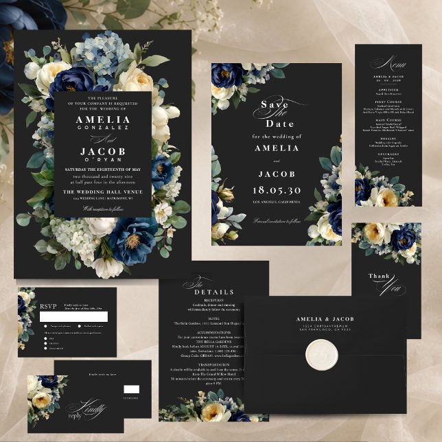 Elegant Navyblå Blommig & Vit Peonie Bröllop Inbjudningar (Skapare uppladdad)