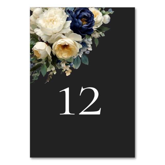 Elegant Navyblå Blommig & Vit Peony Bröllop Bordsnummer (Framsidan)
