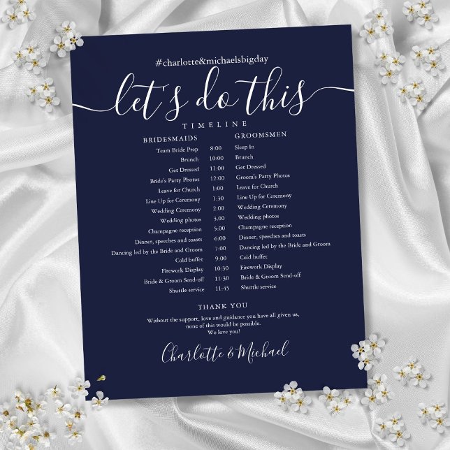 Elegant Navyblå Bröllopsschema Tidslinje (Elegant Navy Blue Wedding Schedule Timeline)