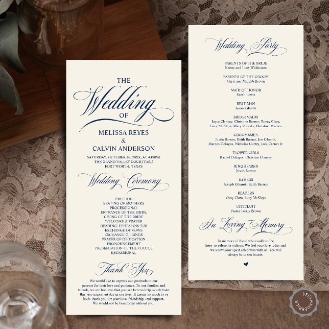 Elegant Navyblå Elfenbensvit Bröllopsceremoni Program (Elegant Cream and Grey Script Wedding Ceremony Order Program Card in Navy Blue and Ivory)
