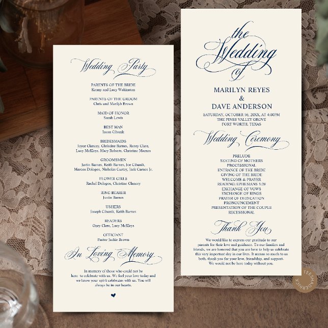 Elegant Navyblå Elfenbensvit Formell Bröllopscerem Program (Elegant Navy Blue and Ivory Formal Wedding Ceremony Classic Program Card)