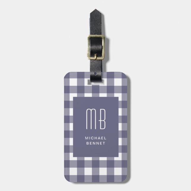 Elegant Navyblå Gingham Monogram Bagagebricka (Vertikal Framsida)