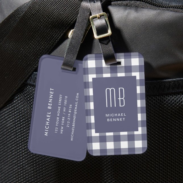 Elegant Navyblå Gingham Monogram Bagagebricka (Elegant Navy Blue Gingham Monogram Luggage Tag)