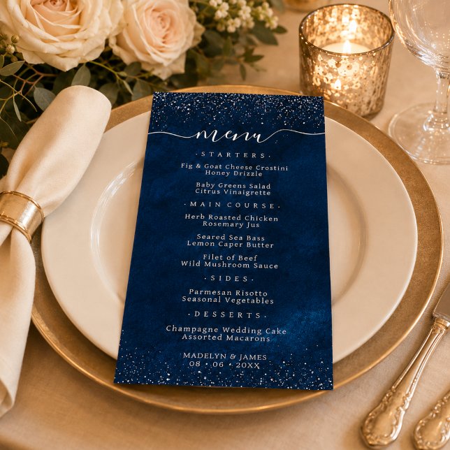Elegant Navyblå Glitter Bröllop Meny (Skapare uppladdad)