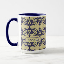 Elegant Navyblå Gul Vintage Damask Monogram