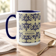 Elegant Navyblå Gul Vintage Damask Monogram