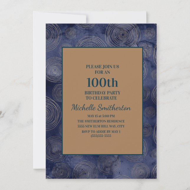 Elegant Navyblå Guld 100-årsdag Inbjudningar (Framsida)