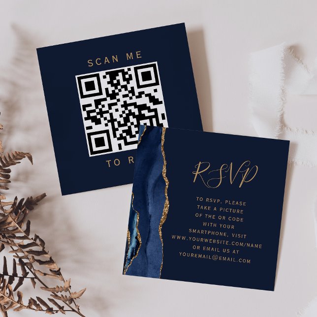 Elegant Navyblå Guld Agat Bröllops QR-kod RSVP Tilläggskort (Skapare uppladdad)