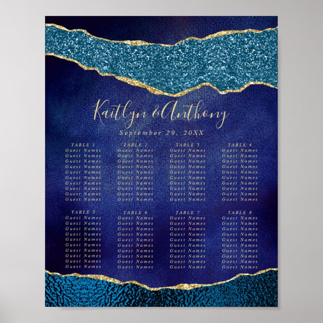 Elegant Navyblå & Guld Agat Bröllopsplatskarta Poster (Framsidan)
