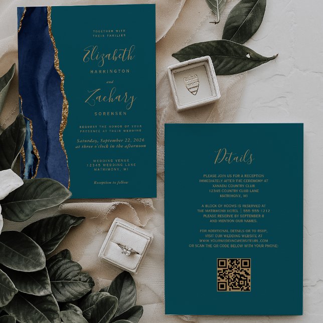Elegant Navyblå Guld Agat Teal QR-kod Bröllop Inbjudningar (Skapare uppladdad)