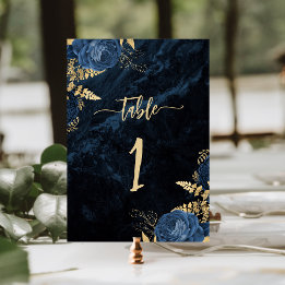 Elegant Navyblå Guld Blommig Bröllop Bordsnummer