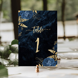 Elegant Navyblå Guld Blommig Bröllop Bordsnummer