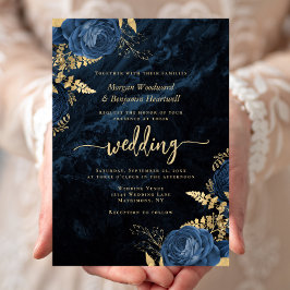 Elegant Navyblå Guld Blommig Bröllop Inbjudningar