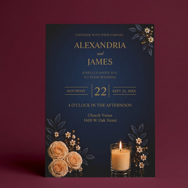 Elegant Navyblå Guld Blommig Bröllop   Inbjudningar (Skapare uppladdad)