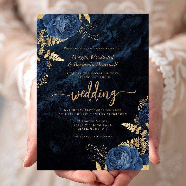 Elegant Navyblå Guld Blommig Bröllop Inbjudningar (Skapare uppladdad)