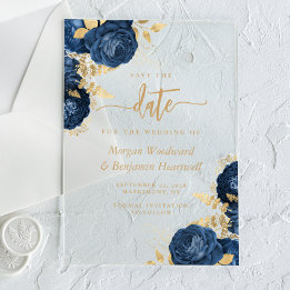 Elegant Navyblå Guld Blommig Bröllop Spara Datum